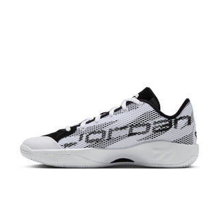 Men’s white and black basketball shoes, side view with lace-up, mesh, and logo accents