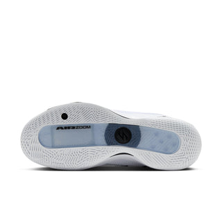 Men’s basketball shoe outsole view in white with “Air Zoom” branding and traction pattern