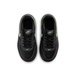 Kids black Nike Force 1 sneakers with lace-up front and mint accents