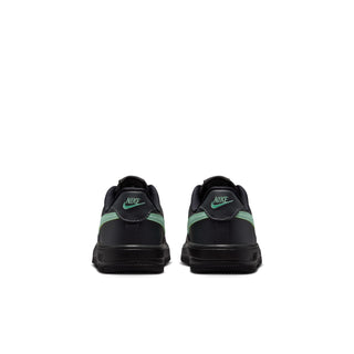Kids black Nike Force 1 sneakers, back view with mint green heel details
