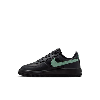 Kids black Nike Force 1 low-top sneaker with mint green swoosh on side