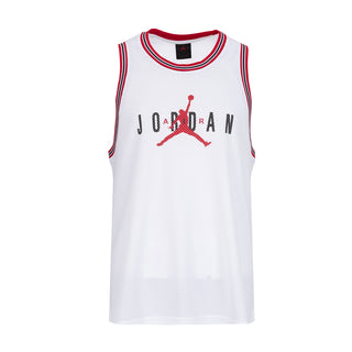 Men's white mesh basketball jersey with red and black Jordan logo on chest