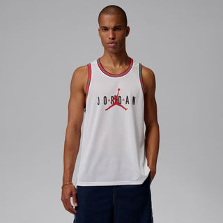 Men's white mesh basketball jersey with red and black Jordan logo, sleeveless