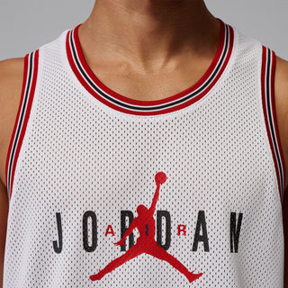 White mesh jersey neckline with red and black stripes and Jordan logo