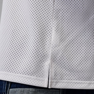White mesh basketball jersey fabric with perforated texture and side seam