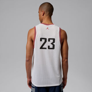 White mesh basketball jersey back with red trim, Jordan logo and number 23