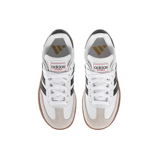 Kids adidas Samba sneakers, white uppers with black stripes and brown gum soles
