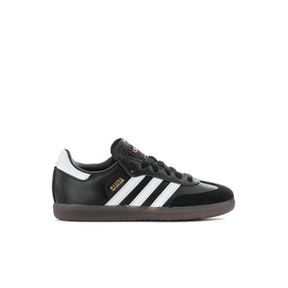 Kids black lace-up sneakers with white stripes, side profile and gum sole