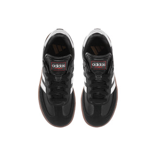 Kids black sneakers with adidas Samba heel logos, lace-up back view