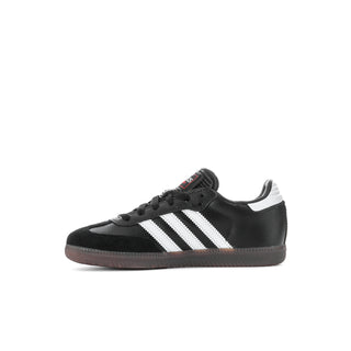 Kids black sneakers with white adidas stripes, lace-up side view