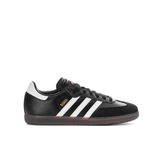 Black youth Samba sneakers with white stripes and gold SAMBA logo, gum sole