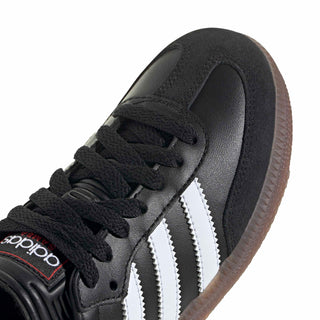 Black youth Samba sneakers with lace-up front, white three stripes, gum sole edge