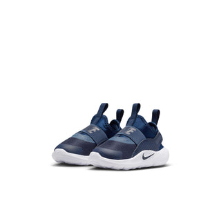 Toddler navy runner sneaker pair view, white sole and side Nike swoosh