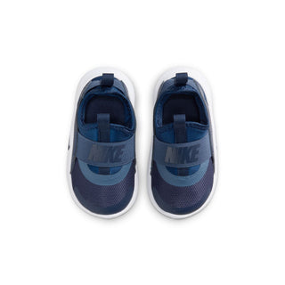 Toddler navy slip-on shoes with mesh upper, white midsoles, and back strap
