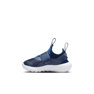 Toddler navy slip-on runner sneaker with white sole and lace-loop collar