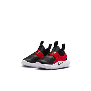 Toddler sneaker in black and red with Nike swoosh, white sole, and hook strap