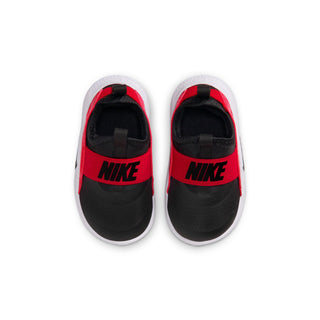 Toddler sneaker pair, black uppers with red accents and NIKE logo on the heel