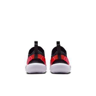 Toddler sneaker pair viewed from heel, black and red with white cushioning sole