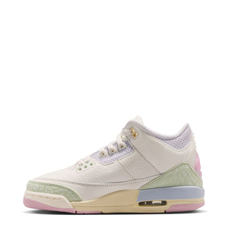 Youth low-top sneakers, white leather with sage panel and pastel pink sole