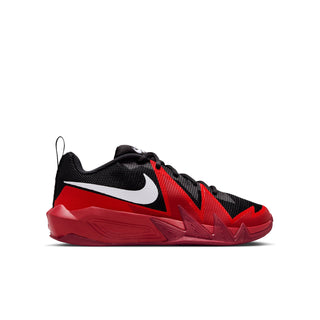 Youth basketball shoes, black mesh upper with red laces and white Nike swoosh