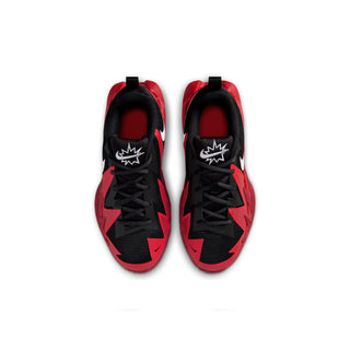 Youth basketball shoes, rear view with black uppers, red accents, and Nike logo