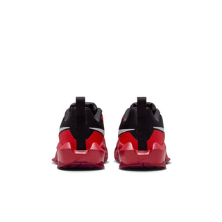 Youth basketball shoes, heel view with black upper and red rubber outsole tread