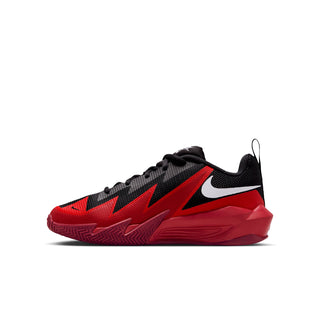 Youth basketball shoes, side profile in black and red with white Nike swoosh