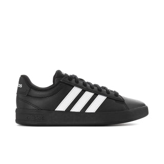 Women's black and white sneakers with three white stripes and lace-up closure