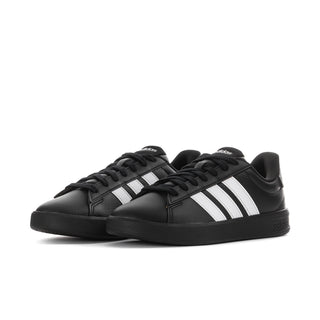 Women's black lace-up sneakers with white triple stripes on the sides