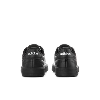 Back view of black sneakers with adidas heel branding and cushioned ankle