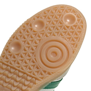 Close-up of womens sneaker gum outsole tread with circular pattern pods
