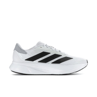 Men's white running shoe with black 3-stripe sides and lace-up front