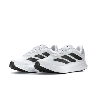 Men's white running shoes, side view with black stripes and cushioned midsole