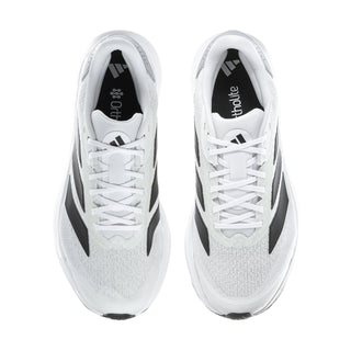 Men's white lace-up running shoes, tongue and interior view with black logo