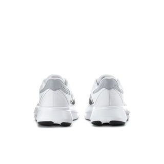 Men's white running shoes, back view with heel pull tab and black tread sole
