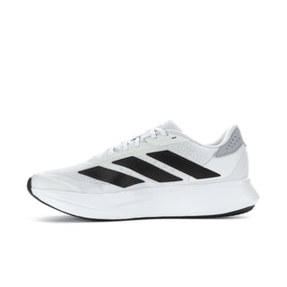 Men's white running shoe with black stripes and lace-up front, side angle