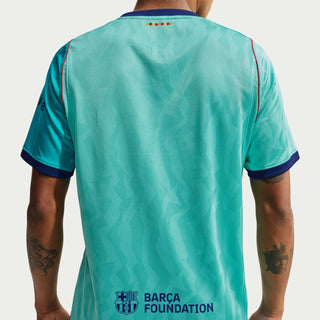 Men's teal soccer jersey back view with rainbow band trim at the neckline