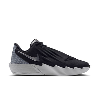 Men's black athletic shoes with gray toe panel and swoosh, lace-up
