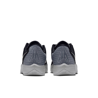 Back view of men's black athletic shoes with gray geometric heel detail