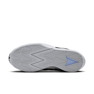 Outsole of men's black athletic shoes with gray tread and blue accent