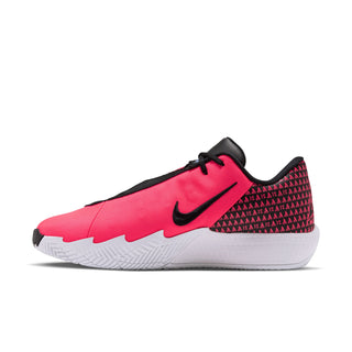Men's bright pink athletic sneaker with black Nike-style swoosh and white midsole, side view