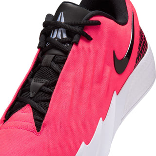Men's bright pink athletic shoe upper with black laces and black swoosh
