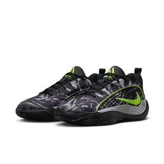 Black mens running shoes with camo print and volt green Swoosh-style logo