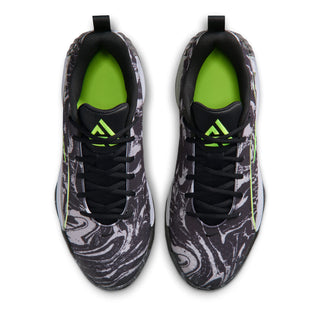 Pair of black mens running shoes with neon green insoles and lace-up front