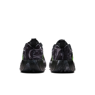 Black mens running shoes, rear view with molded heel and black rubber sole