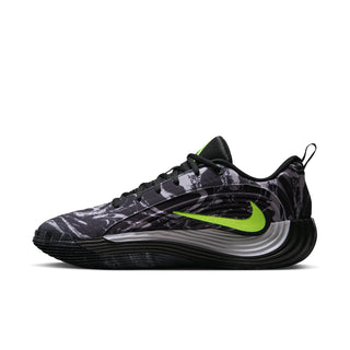 Mens running shoe in black with camo pattern, volt green stripe and Swoosh