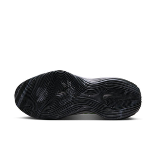 Black mens running shoe outsole with textured traction pattern and curved grooves
