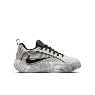 Youth basketball shoe in white/gray with black swoosh and neon green logo
