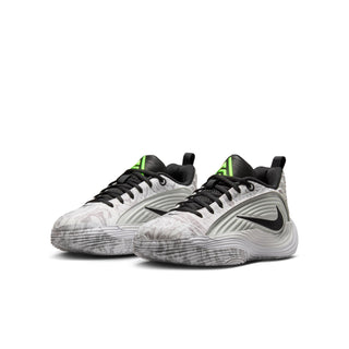 Pair of youth basketball shoes, white/gray marbled uppers with black laces
