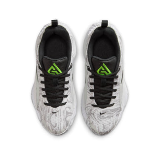 Youth basketball shoes, tongues and laces; black interior with neon green emblem